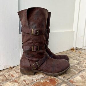 Crown Vintage Distressed Moto Boots Women’s Buckle Mid Calf Biker Grunge Boho 8